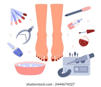 Pedicure kit on a white background. Vector illustration of foot care tools: steel nail file, nail clippers, nail polish, cuticle oil, flower bath. Icons of salon tools.