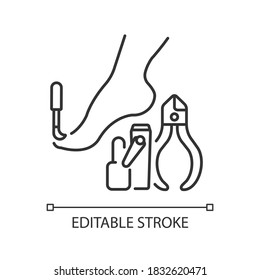 Pedicure linear icon. Nail polish. Beauty procedures. Tools for nails treatment. Beauty parlor. Thin line customizable illustration. Contour symbol. Vector isolated outline drawing. Editable stroke