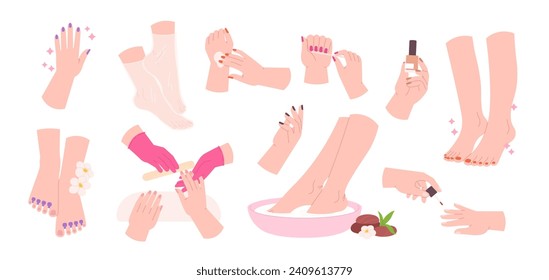 Pedicure and manicure. Hands and feets care procedures. Beauty salon professionals work process. Female hand with nail art, racy vector elements