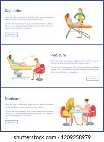 Pedicure and manicure procedures, posters set with text vector. Nail polishing of fingernails and toes, manicurist and pedicurist. Depilation with wax
