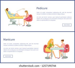 Pedicure and manicure service, web posters with text sample. Manicurist and pedicurist caring for clients nails on hands and feet toes, procedure vector