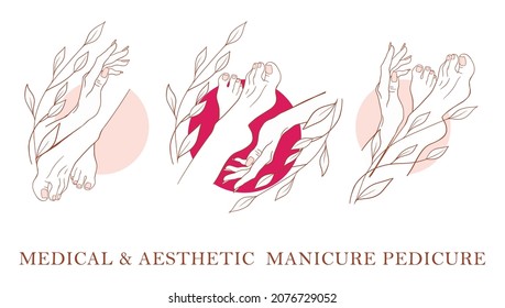 Pedicure, manicure simple stylish icons for spa beauty salons, foot care, medical massage and foot treatment. 