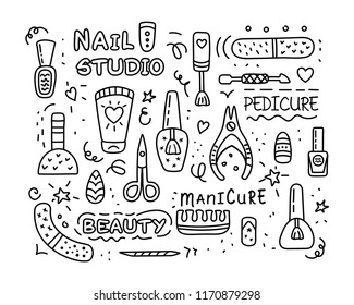 Pedicure and manicure vector icons set. Nail studio, salon. Nail polish symbol, manicure accessories. Foot pedicure studio. Beauty signs for spa. Vector illustration.