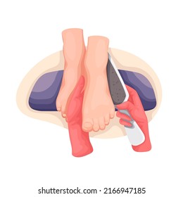 Pedicure master using pumice stone for heel treatment vector isolated illustration. Beauty and cosmetology colourful scene in cartoon style, isolated
