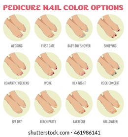 Pedicure nail color options. Infographic for beauty salon showing styles for different occasions: wedding, first date, baby shower, work, hen night. Template for brochures, flyers, web sites. Vector