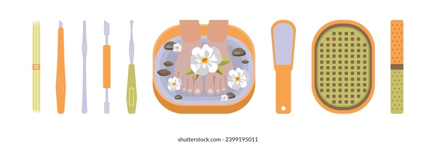 Pedicure Object and Tools for Nail Treatment Vector Set
