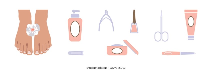 Pedicure Object and Tools for Nail Treatment Vector Set