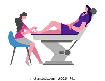 Pedicure procedure in beauty salon, professional pedicurist take care of clients toe nails. Relaxing at spa, client laying on special table. Pedicurist and consumer, cosmetics and healthcare vector