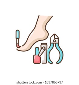 Pedicure RGB color icon. Nail polish. Beauty procedures. Tools for nails treatment. Beauty parlor services. Cosmetology. Women care. Beautician services. Isolated vector illustration