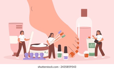 Pedicure scene. Beauty salon professionals caring foot. Tiny girls doing medical beautical procedure, nail art and legs caring, snugly vector scene