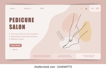 Pedicure service landing page template. Linear female hands. Beauty logo for manicure studio or spa salon. Vector Illustration in flat cartoon style. Website design.