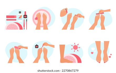 Pedicure set vector illustration. Cartoon isolated scenes with spa treatment and bath hygiene, female hand holding file and cuticle clipper, nail polish to care womans feet, beauty cosmetic bottles