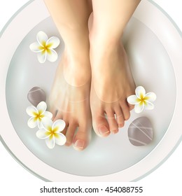 Pedicure Spa Female Feet In Spa Bowl With Water Flowers And Stones Realistic Vector Illustration