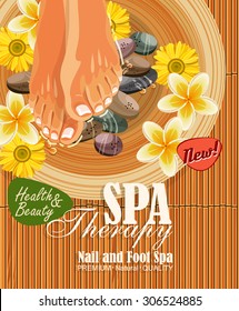 Pedicure spa poster with women's legs or feet with pink nail on bamboo background
