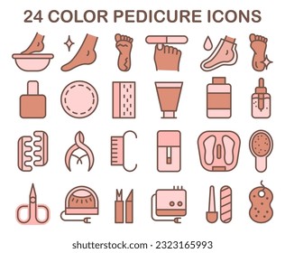 Pedicure and spa treatment color icons set. Professional equipment and tools for toe nail and feet care. Scissors, file, polish, foot bath, cream, brush etc. Flat vector illustration