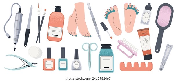 Herramientas de pedicura. Manicura y pedicura con cortador de uñas, cepillo de uñas, loción y crema, terapia de bienestar de pies al estilo de las caricaturas. Conjunto plano vectorial de ilustración de belleza de uñas