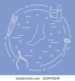 Pedicure tools and products for beauty and care. Cream, nail care product, shaver, nail clippers, nail cleaning tools, scraper.