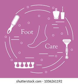 Pedicure tools and products for beauty and care. Nail polish, pumice, shaver, toe separator.
