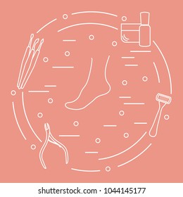 Pedicure tools and products for beauty and care. Cream, nail care product, shaver, nail clippers, nail cleaning tools, scraper.