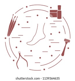 Pedicure tools and products for beauty and care. Cream, nail care product, shaver, nail clippers, nail cleaning tools, scraper.