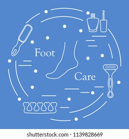 Pedicure tools and products for beauty and care. Nail polish, pumice, shaver, toe separator.