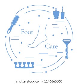 Pedicure tools and products for beauty and care. Nail polish, pumice, shaver, toe separator.