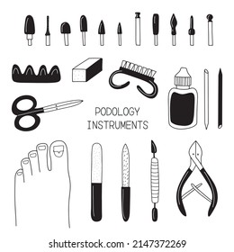 Pedicure tools and products doodle vector illustration set. Hand drawn simple illustration isolated on white background.