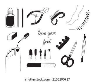 Pedicure tools and products doodle vector illustration set. Hand drawn simple illustration isolated on white background.
