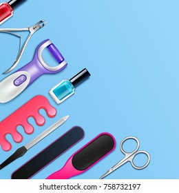 Pedicure tools realistic frame with scissors and scrub symbols isolated vector illustration