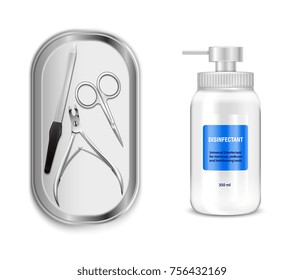 Pedicure tools realistic set with sterilization symbols isolated vector illustration