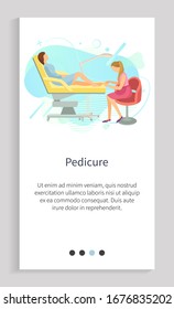 Pedicure vector, pedicurist with client sitting on special high armchair, pedicurist of spa salon, beautification of woman polishing nails on toes. Website or app slider, landing page flat style