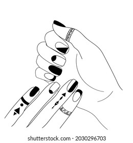 Pedicure. Women's legs. Fingers. Spikes and rings. Beautiful feet.