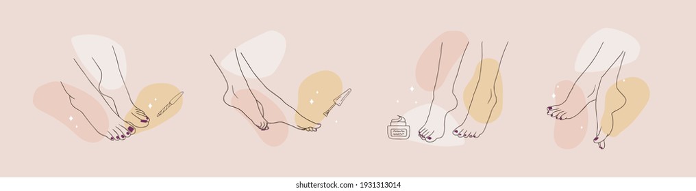 Pedicured Female Feet. Foot Care Concept. Linear Vector Illustration Of Elegant Woman Legs In A Trendy Minimalist Style. Beauty Logo For Nail Studio, Beauty Center Or Spa Salon.