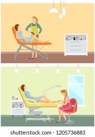 Pedicurist pedicure and wax depilation with stripes set vector. Epilation in salon of professional worker in beauty industry. Nails polishing service