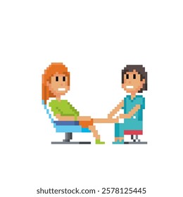 Pedicurist at work pixel art icon. Design for logo, web, mobile app, sticker, badges and patches. Video game sprite. 8-bit. Isolated vector illustration.