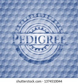 Pedigree blue badge with geometric pattern.