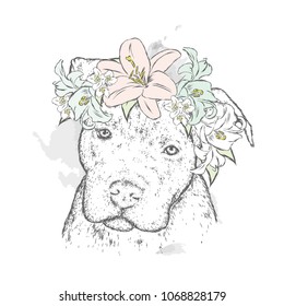 Un perro con linaje en una flor. Pitbull. Ilustración vectorial.
