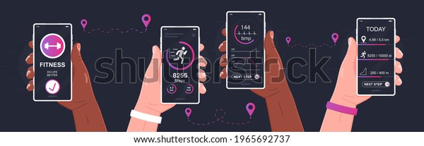 Pedometer concept. Fitness tracking app on mobile\
phone screen illustration flat cartoon style smartphone with run\
tracker, running or walk steps counter sport tech on cellphone. Ui,\
Ux design run app
