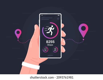 Pedometer concept.Fitness tracking app on mobile phone screen illustration flat cartoon style, smartphone with run tracker, running or walk steps counter sport tech on cellphone.