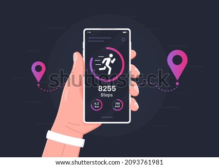 Pedometer concept.Fitness tracking app on mobile phone screen illustration flat cartoon style, smartphone with run tracker, running or walk steps counter sport tech on cellphone. Сток-фото © 