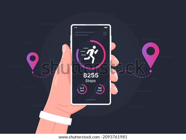 Pedometer\
concept.Fitness tracking app on mobile phone screen illustration\
flat cartoon style, smartphone with run tracker, running or walk\
steps counter sport tech on\
cellphone.