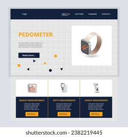 Pedometer flat landing page website template. Weight measurement, depth measurement, height measurement. Web banner with header, content and footer. Vector illustration.