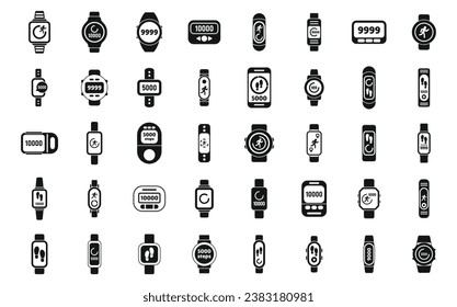 Pedometer icons set simple vector. Woman sport app. Activity tracker body