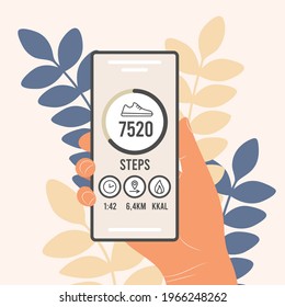 Pedometer in a mobile phone. An application that counts steps and tracks your walking progress. The hand of a man, a woman holds a smartphone with a fitness tracker. Flat vector illustration