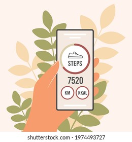 Pedometer in a mobile phone. An application that counts steps and tracks your walking progress. The hand of a man, a woman holds a smartphone with a fitness tracker. Flat vector illustration