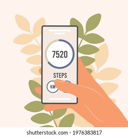 Pedometer in a mobile phone. An application that counts steps and tracks your walking progress. The hand of a man, a woman holds a smartphone with a fitness tracker. Flat vector illustration