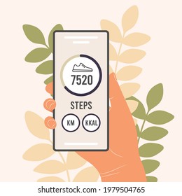 Pedometer in a mobile phone. An application that counts steps and tracks your walking progress. The hand of a man, a woman holds a smartphone with a fitness tracker. Flat vector illustration