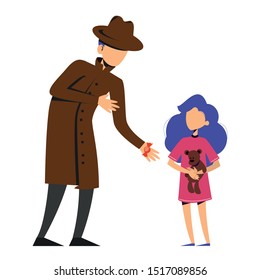 Pedophilia, stranger pedophile holding sweet candy and little preschooler child with teddy bear vector isolated. Childhood in danger. Warning poster.