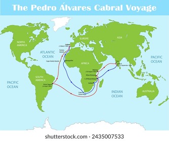 The Pedro Alvares Cabral voyage map. Science education vector illustration