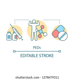 PEDs concept icon. Performance-enhancing substances. Drugs to improve athlete activity. Doping for sportsman, bodybuilder idea thin line illustration. Vector isolated outline drawing. Editable stroke